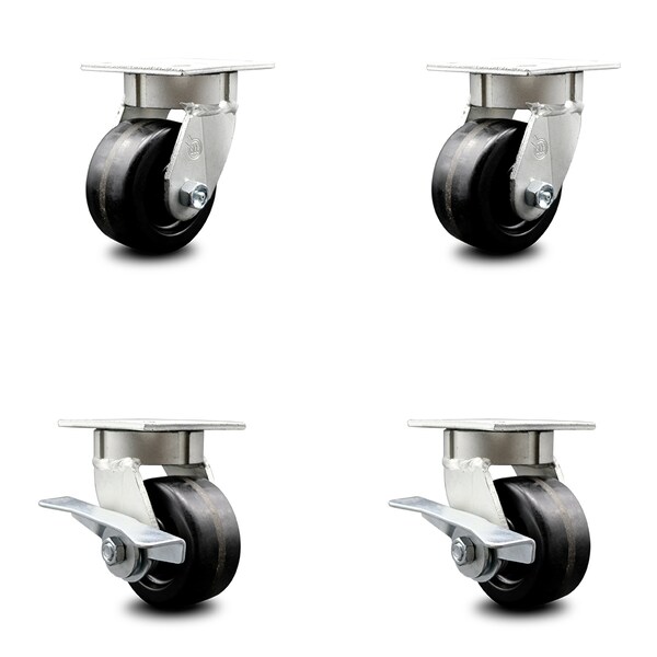 4 Inch Kingpinless Phenolic Wheel Swivel Caster Set with 2 Brakes